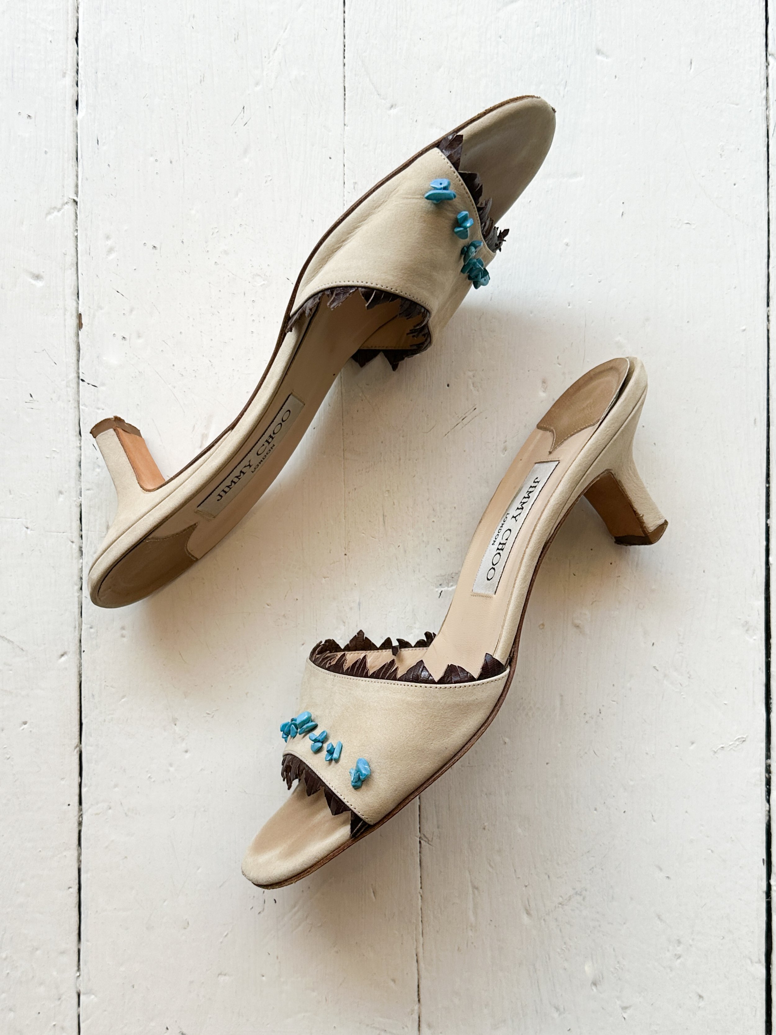 JIMMY CHOO MINETTE スクエアトゥー　ビジュー スタッズ 1990s Jimmy Choo Turquoise Studded Mules — Wayward Collection